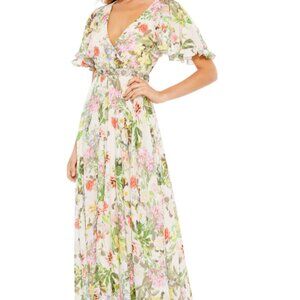 NWT Mac Duggal Floral Print‎ Faux Wrap Flutter Sleeve A Line Gown 9079